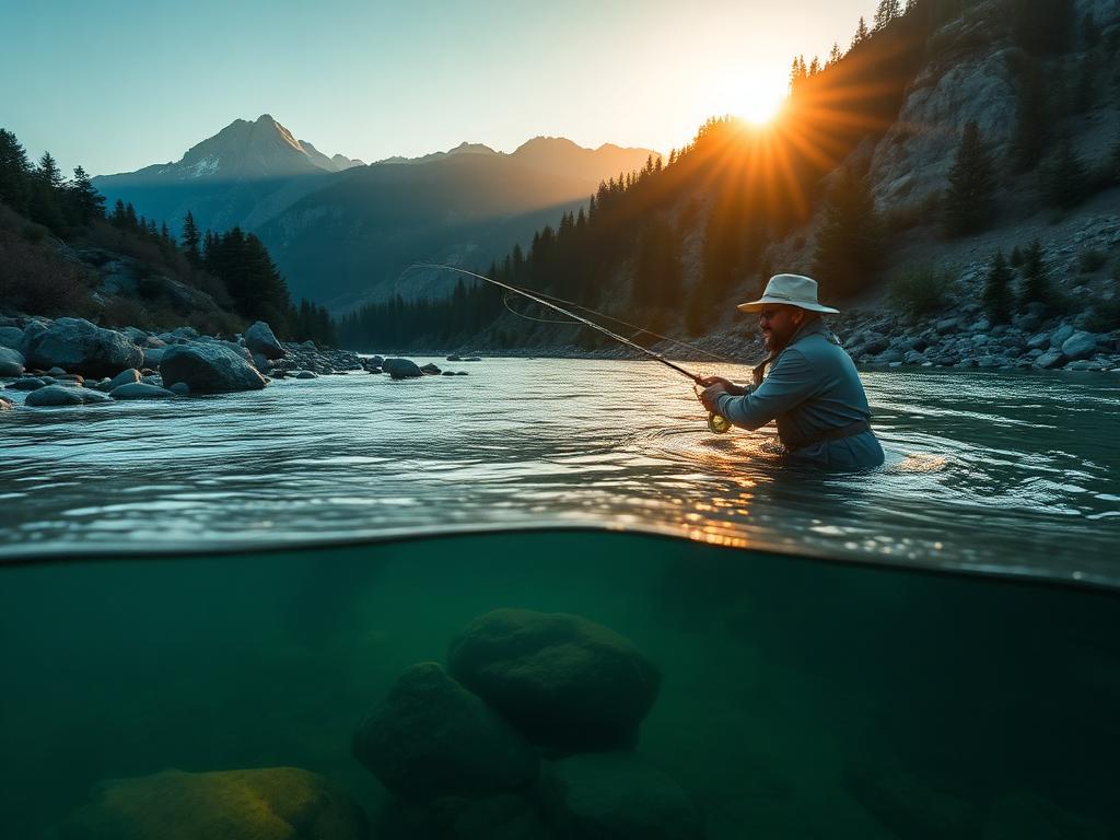 Angler fly fishing a clear mountain river at sunrise
