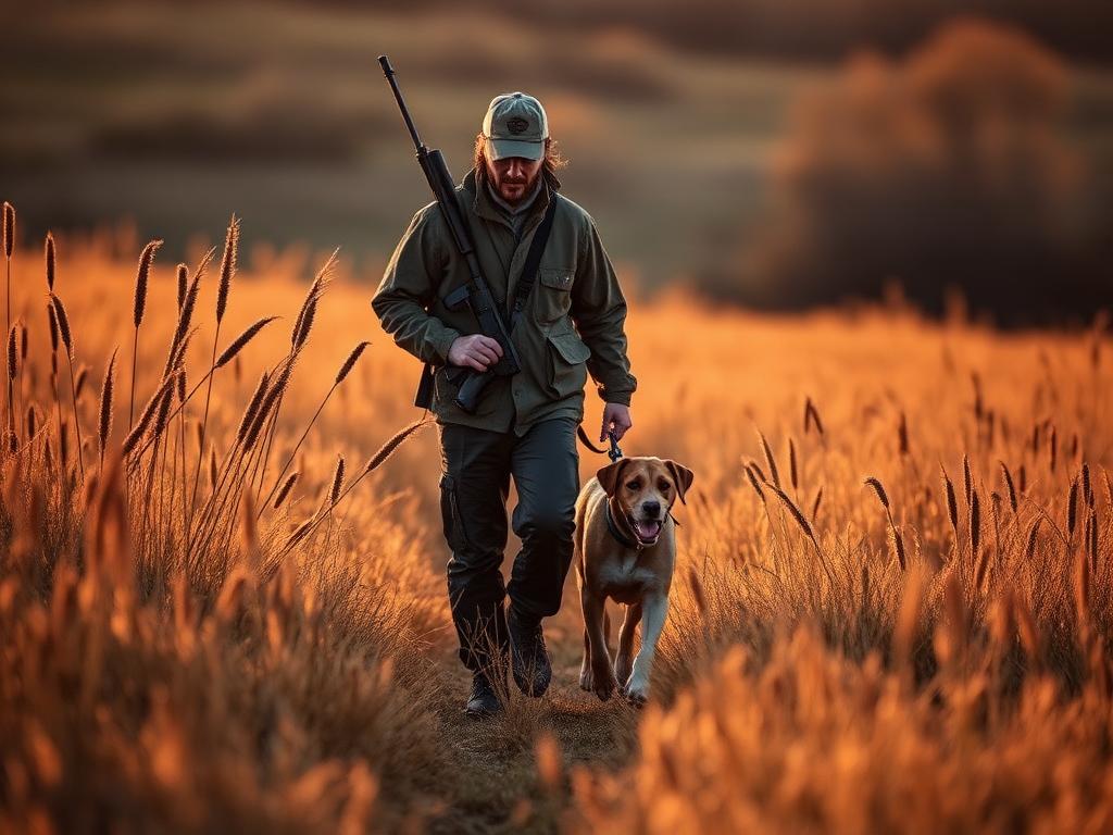 Guide and dog walking through golden prairie grass at dawn