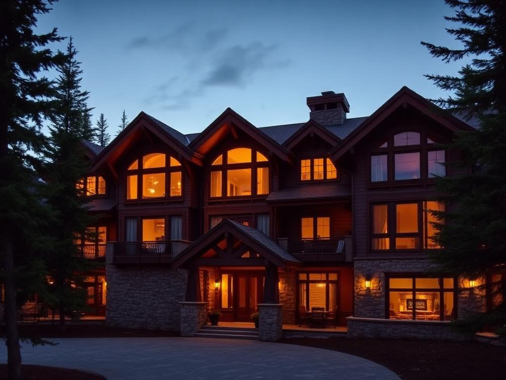 Timber and stone mountain lodge glowing at dusk