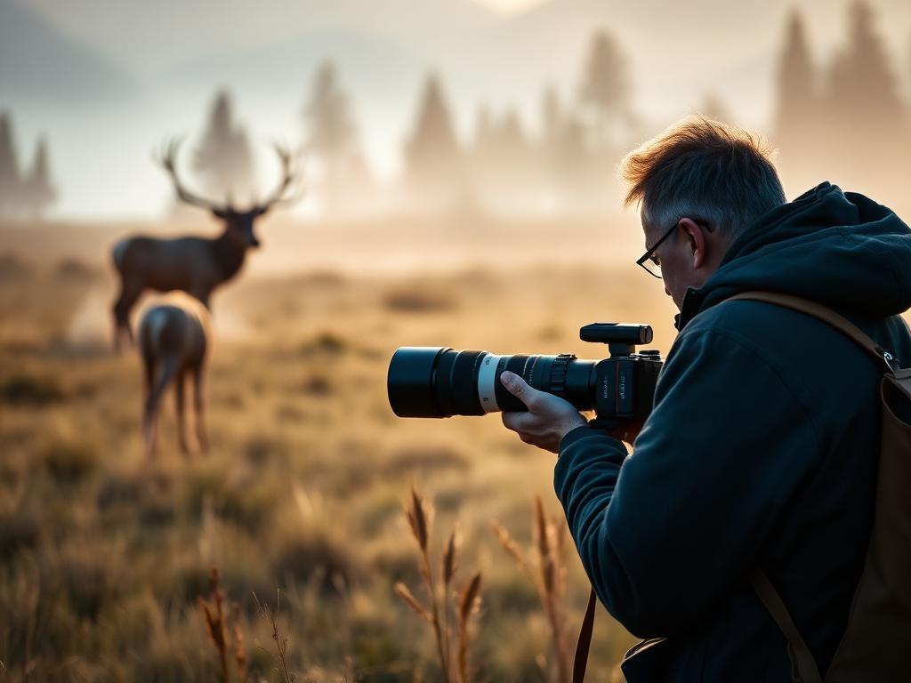 Photographer with a telephoto lens watching elk in a misty meadow