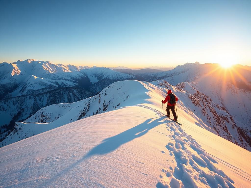 Backcountry skier touring a snowy alpine ridge at sunrise