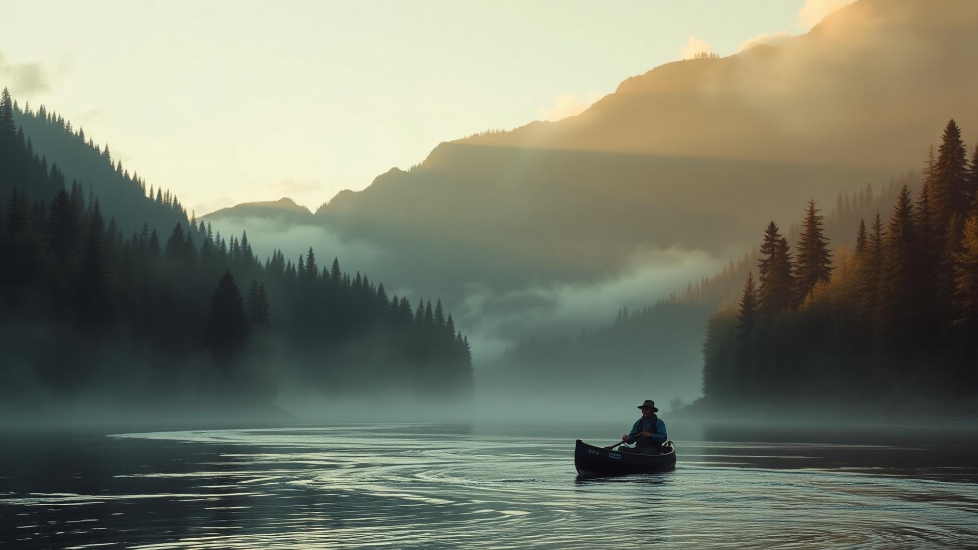 Guide paddling a canoe through a misty evergreen mountain valley at sunrise